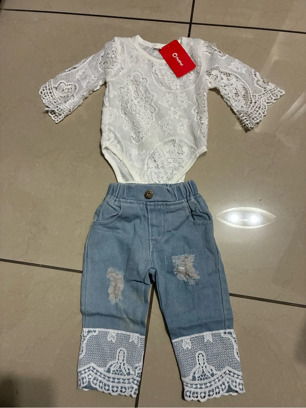 PatPat Baby Light Blue Distressed Denim Jeans with White Lace Trim